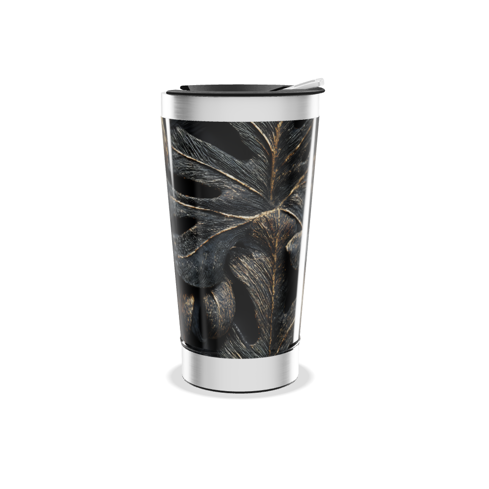 Copo Térmico - Estampa Folhas Preto e Dourado