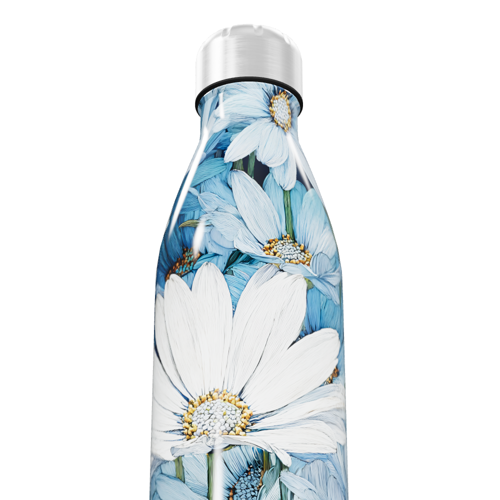 Garrafa Inox Flores Azuis Branca