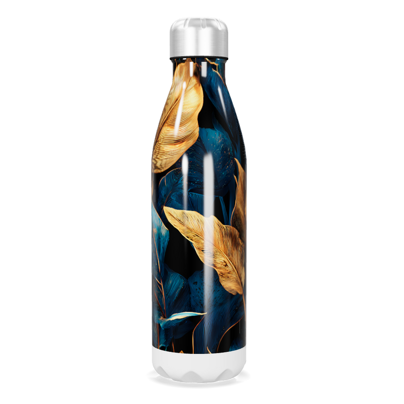 Garrafa Inox - Estampa Folhas Azul e Dourado