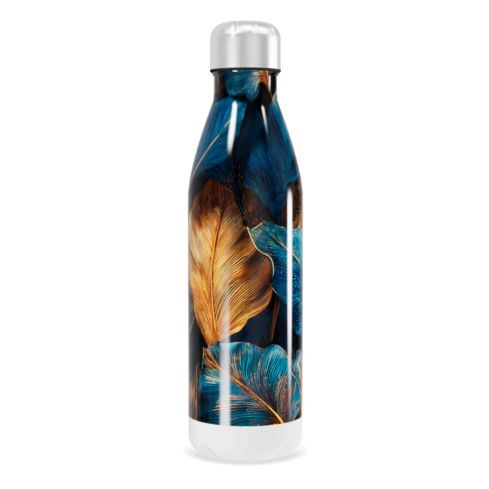Garrafa Inox - Estampa Folhas Azul e Dourado
