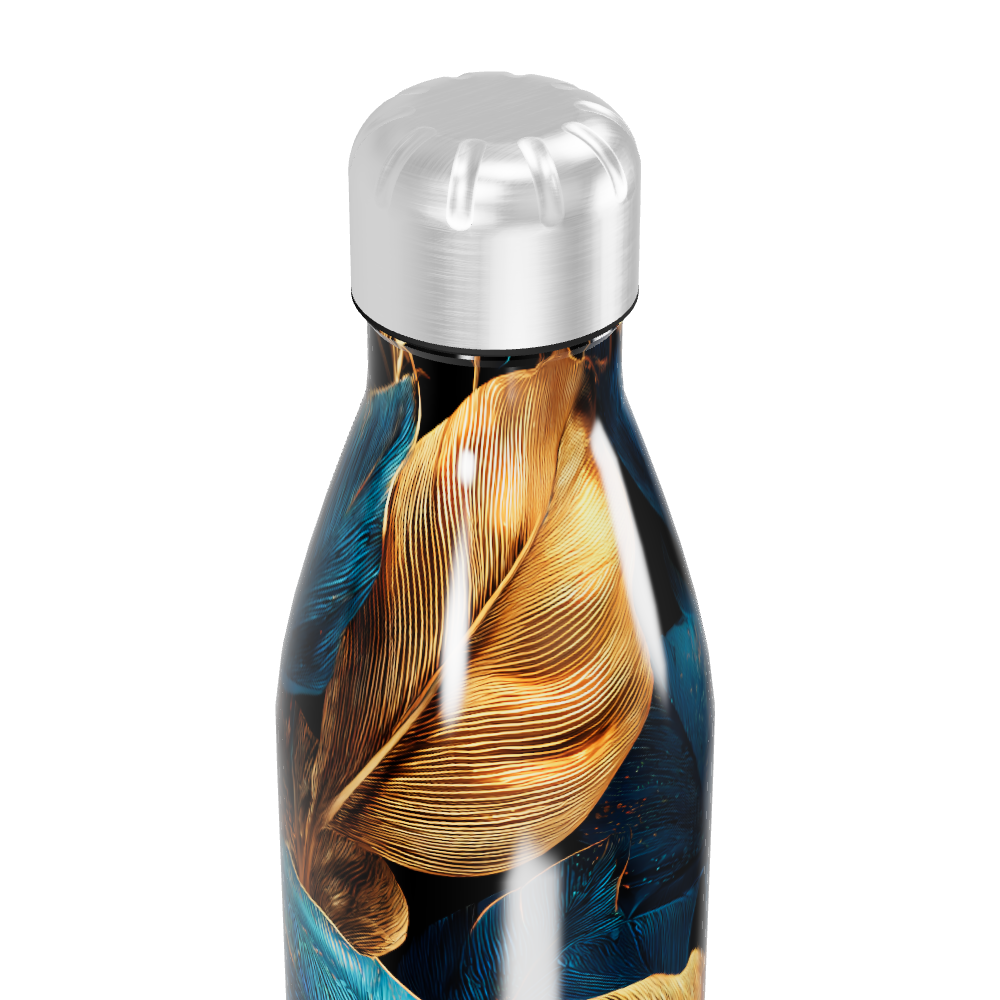 Garrafa Inox - Estampa Folhas Azul e Dourado
