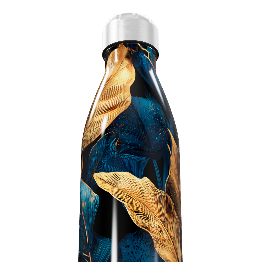 Garrafa Inox - Estampa Folhas Azul e Dourado