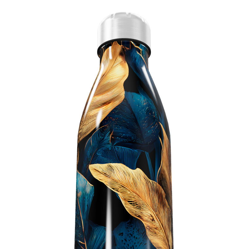 Garrafa Inox - Estampa Folhas Azul e Dourado