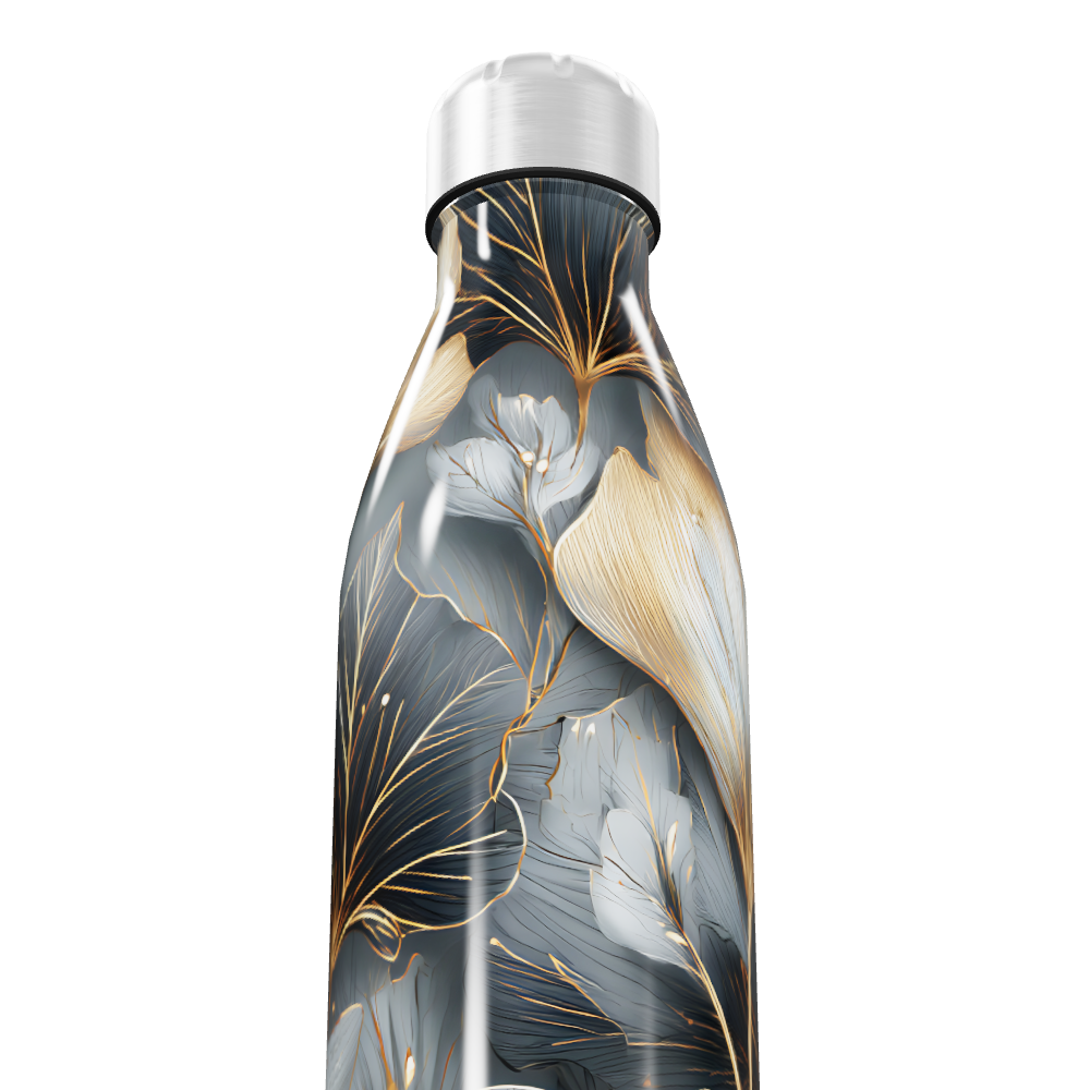 Garrafa Inox - Floral Azul e Dourado