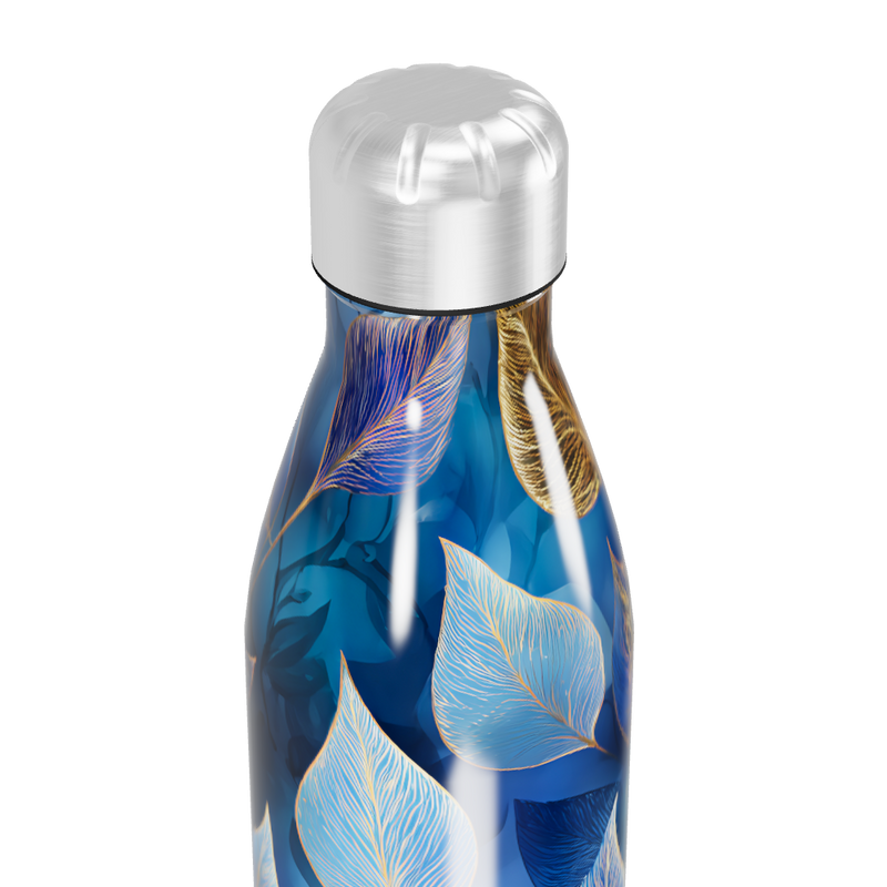 Garrafa Inox - Azul com Folhas Decorativas