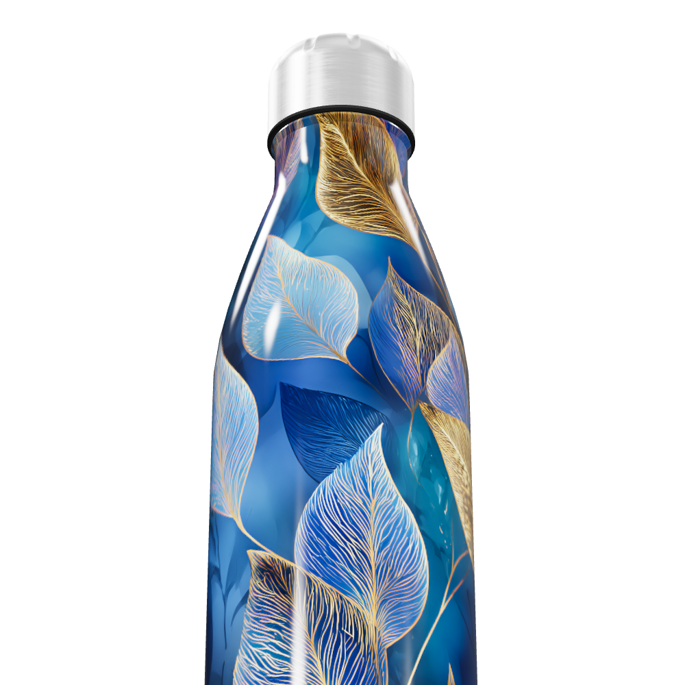 Garrafa Inox - Azul com Folhas Decorativas