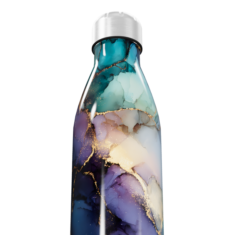 Garrafa Inox - Azul Mármore com Detalhes Dourados