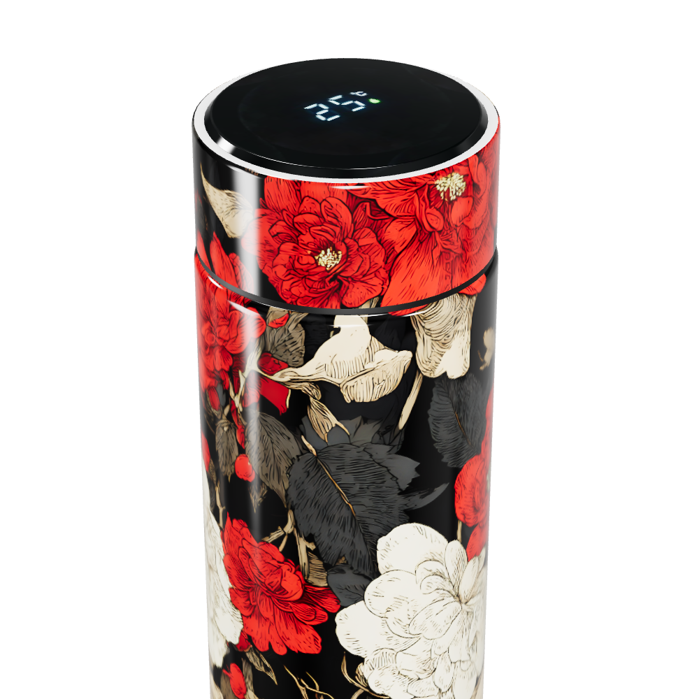 Garrafa Térmica Touch - Floral Preto e Vermelho