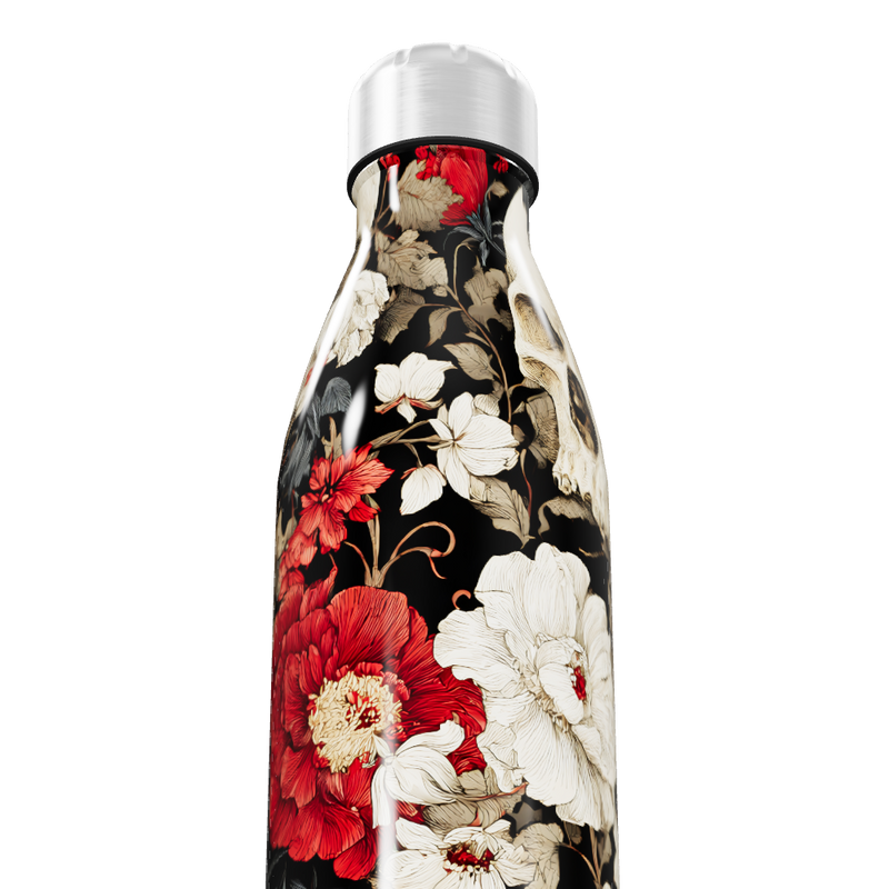 Garrafa Inox Floral preta e vermelha