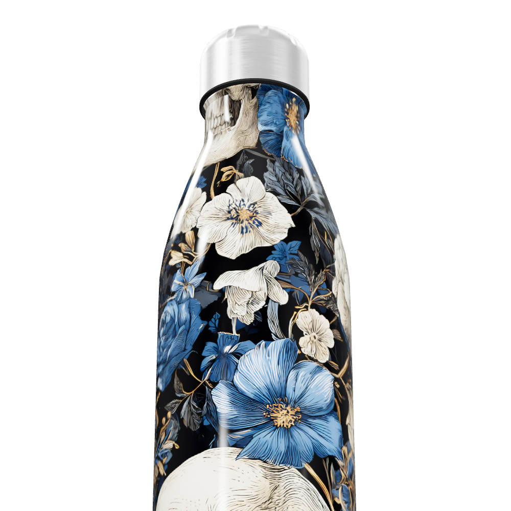 Garrafa Inox Floral Azul com Caveira