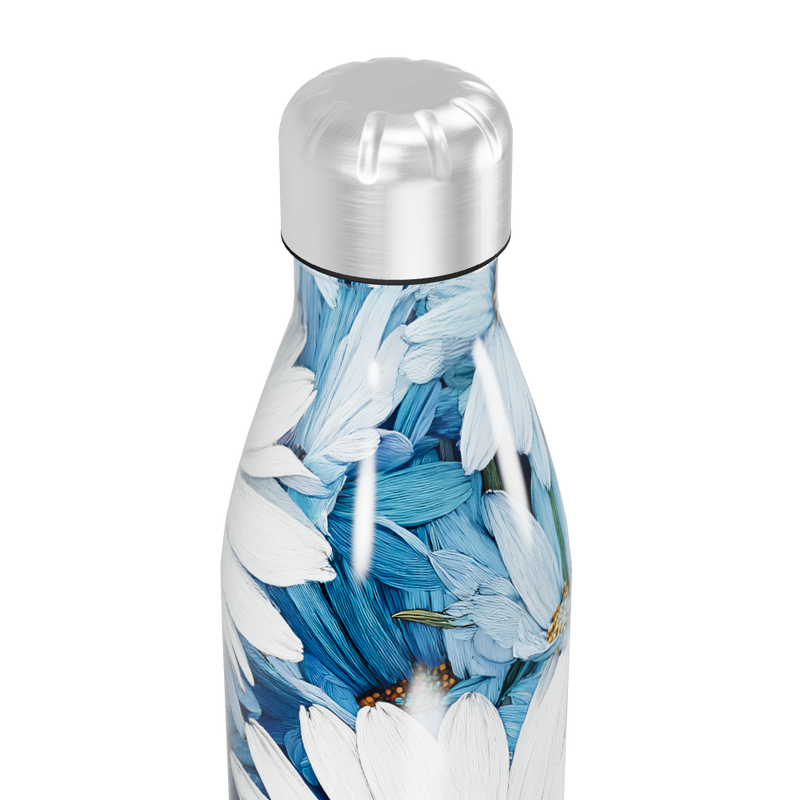 Garrafa Inox Flores Azuis Branca