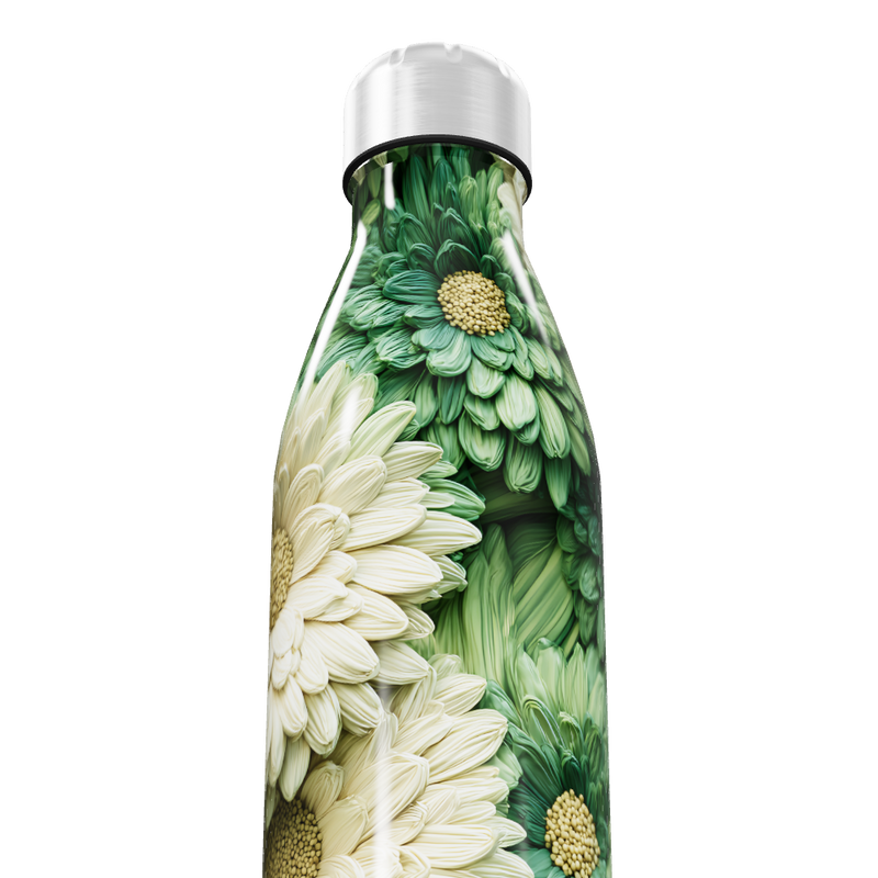 Garrafa Inox - Flores Verdes e Brancas