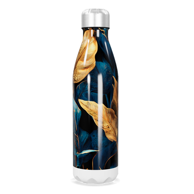 Garrafa Inox - Estampa Folhas Azul e Dourado