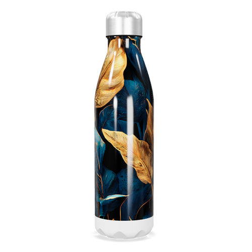 Garrafa Inox - Estampa Folhas Azul e Dourado