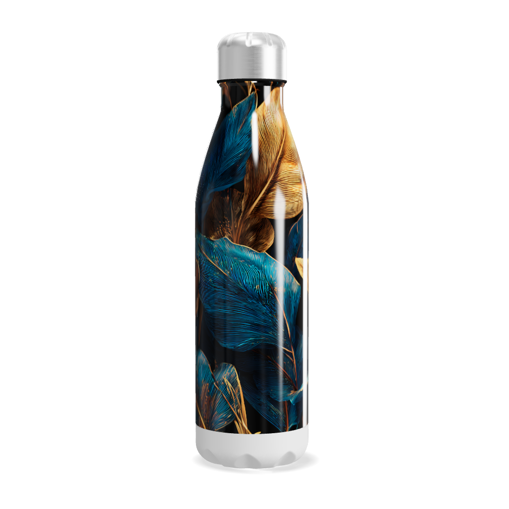 Garrafa Inox - Estampa Folhas Azul e Dourado