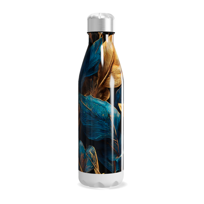 Garrafa Inox - Estampa Folhas Azul e Dourado