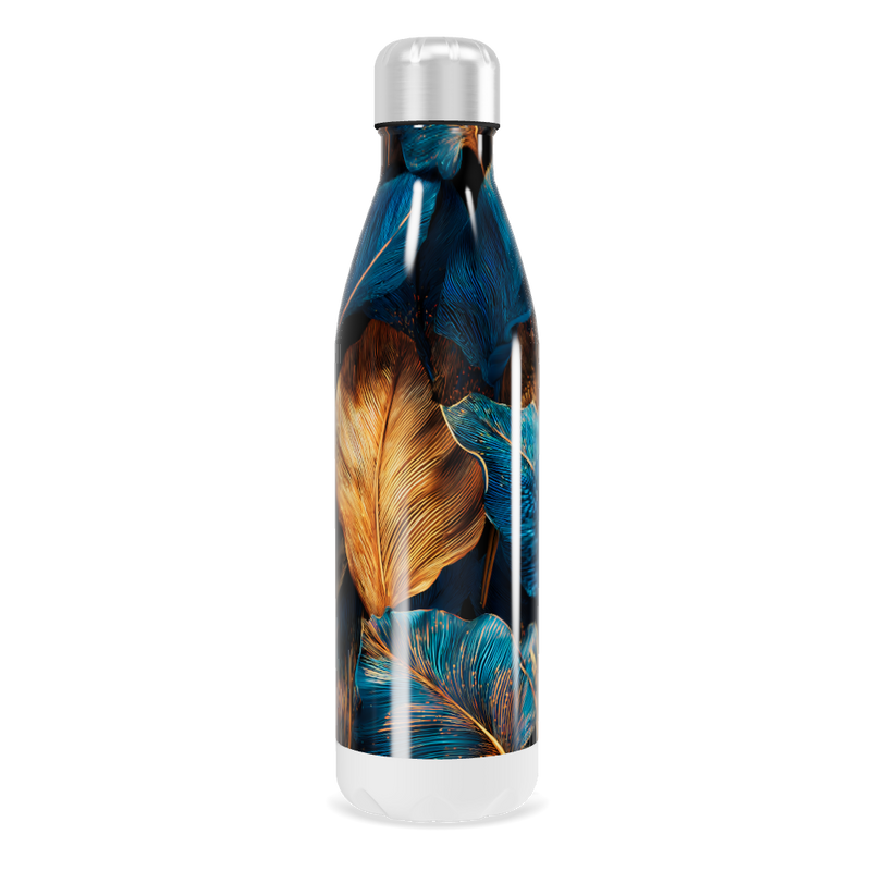 Garrafa Inox - Estampa Folhas Azul e Dourado
