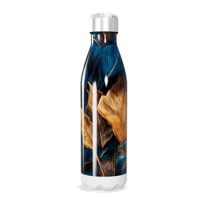 Garrafa Inox - Estampa Folhas Azul e Dourado