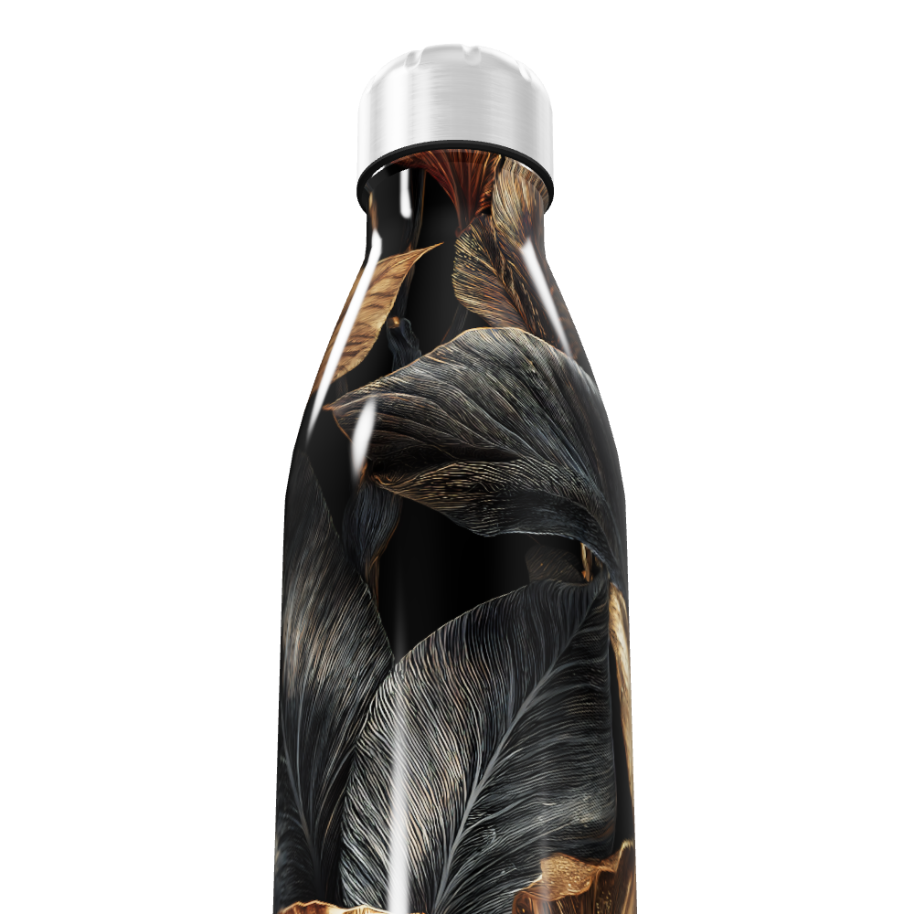 Garrafa Inox - Folhas Pretas e Douradas