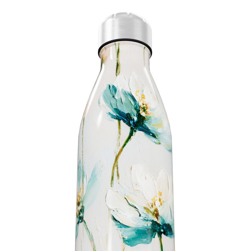 Garrafa Inox Flores Azul Branca
