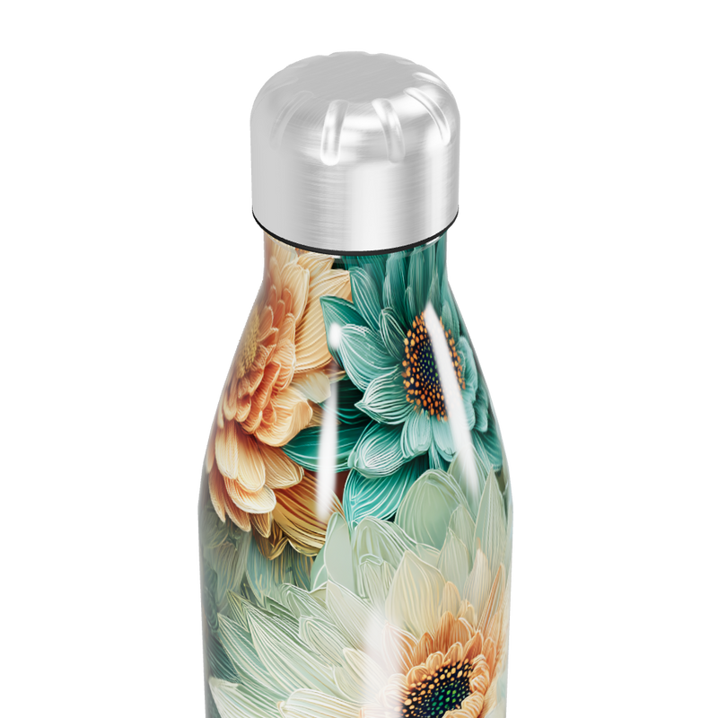 Garrafa Inox - Floral com Tampa Prateada
