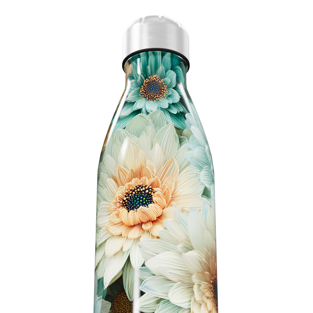 Garrafa Inox - Floral com Tampa Prateada