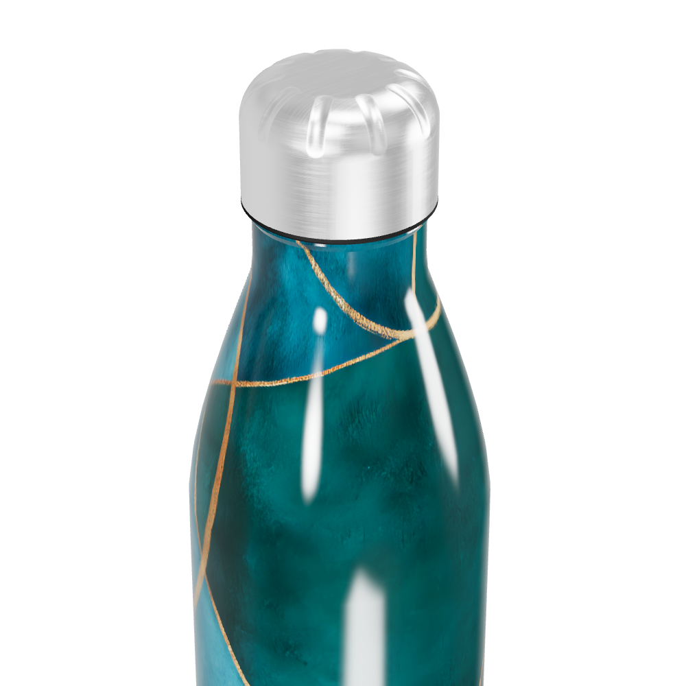 Garrafa Inox Azul Turquesa com Detalhes Dourados