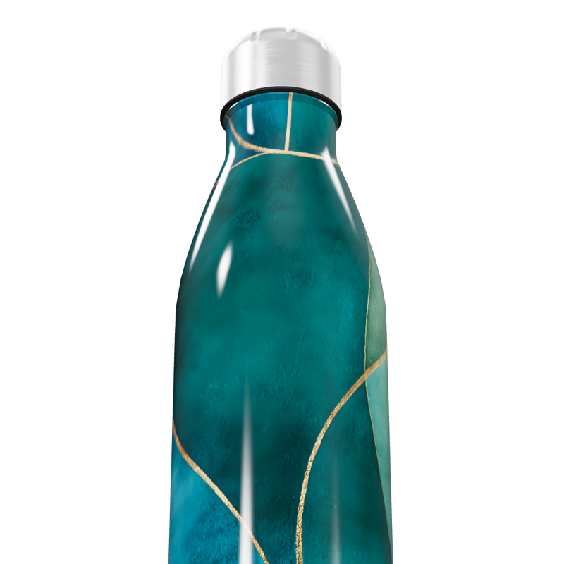Garrafa Inox Azul Turquesa com Detalhes Dourados