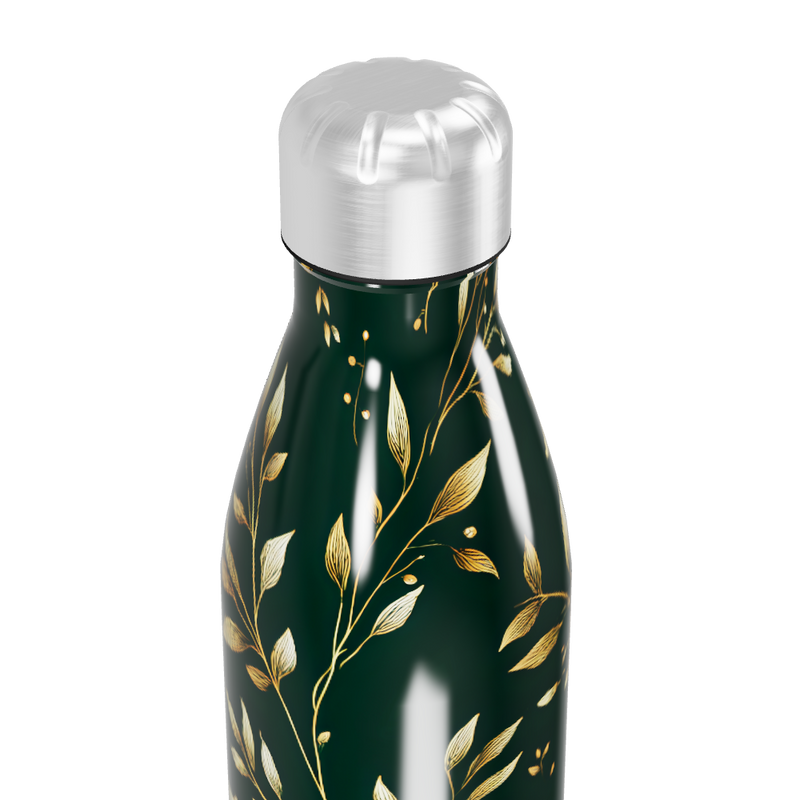 Garrafa Inox Folhas Douradas Verde