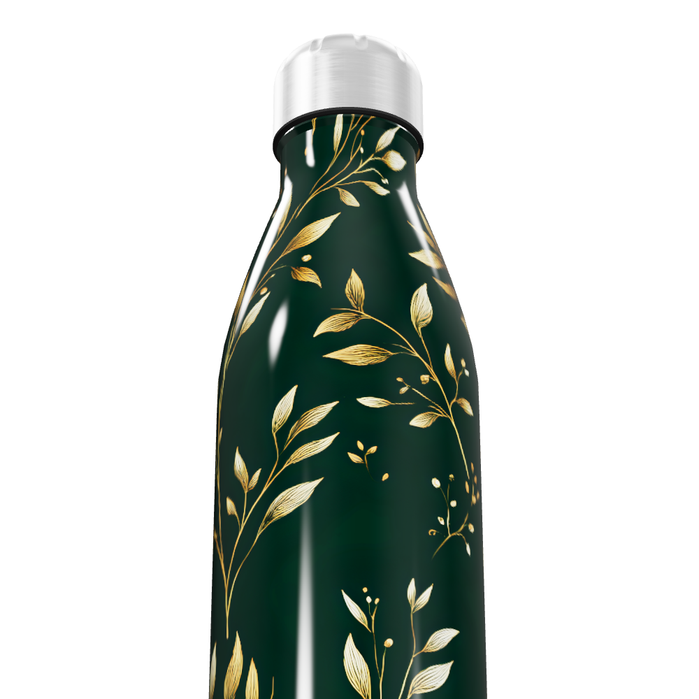 Garrafa Inox Folhas Douradas Verde