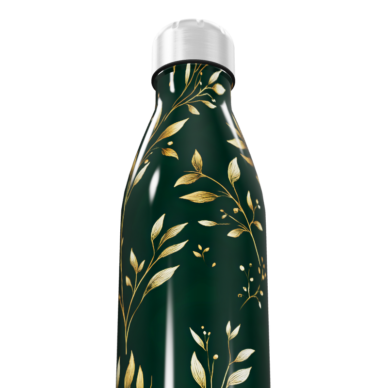Garrafa Inox Folhas Douradas Verde