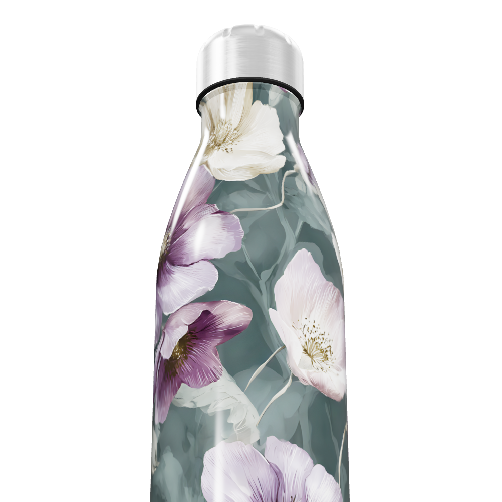 Garrafa Inox - Floral com Fundo Cinza